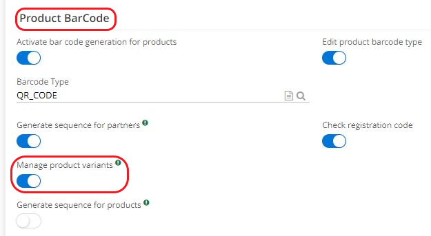 1.1. Activate product variants in the Base module (Application config → Apps management → Base, configure → on the base app page, under ProductBarCode check the box Manage product variants).